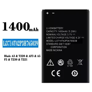 Phone battery Li3714T42P3H765039 for ZTE Blade A3/T220/AF3/A5/F5/T230/T221