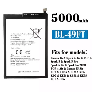Phone battery BL-49FT for Tecno Camon 15 /Camon 15 Air/ Spark 5 Air /Spark 5 / Spark 5 Pro / Spark 6 Go / Spark Go 2020 / POP 4/POP 4 Air